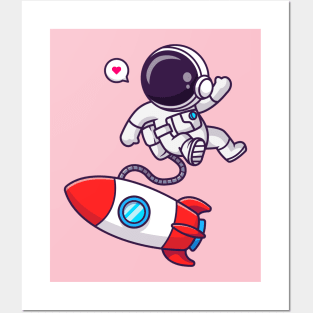 Cute Astronaut Floating With Rocket In Space Cartoon Posters and Art